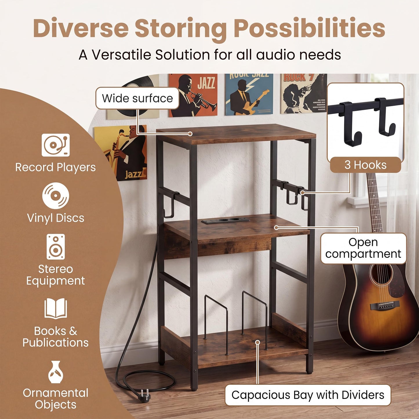 3-Tier Record Player Stand, Industrial Turntable Stand with Charging Station