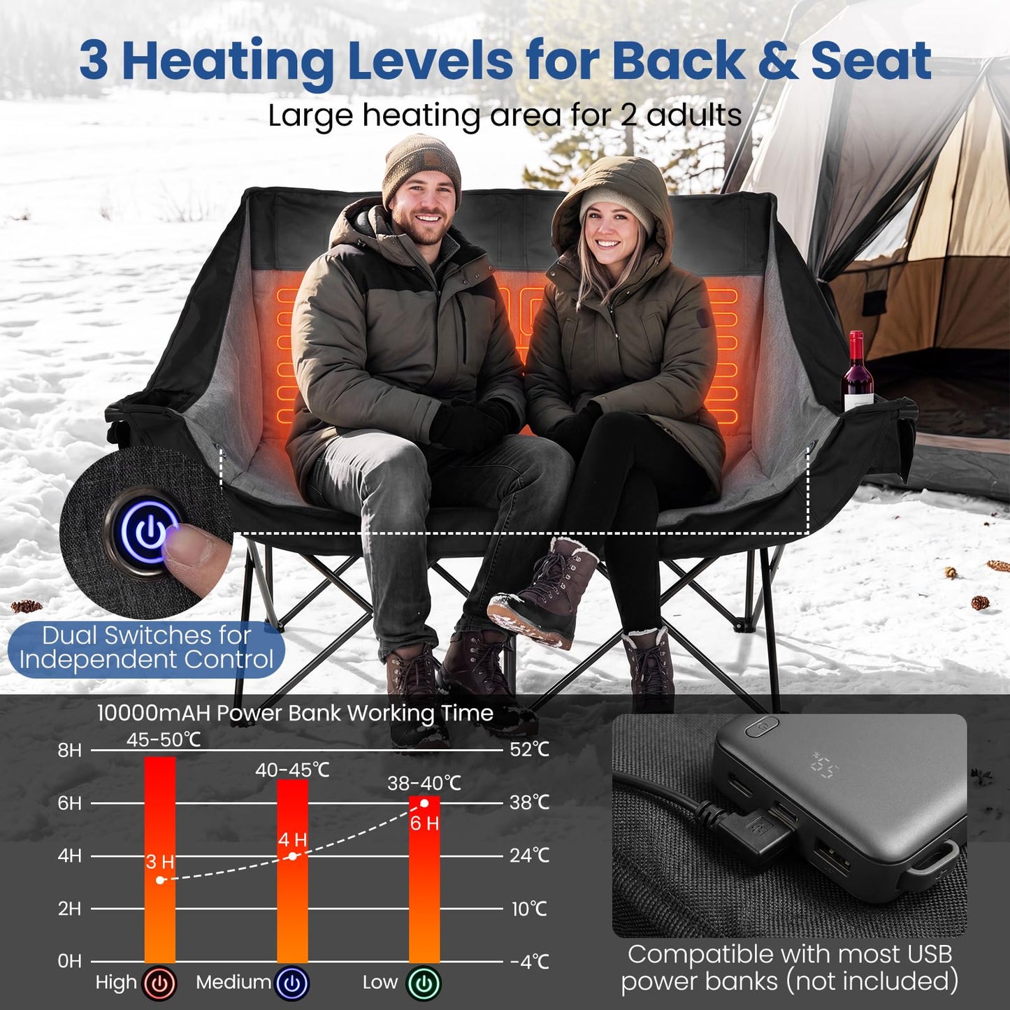 Oversized Heated Double Camping Chair, 3 Heat Levels, 300kg