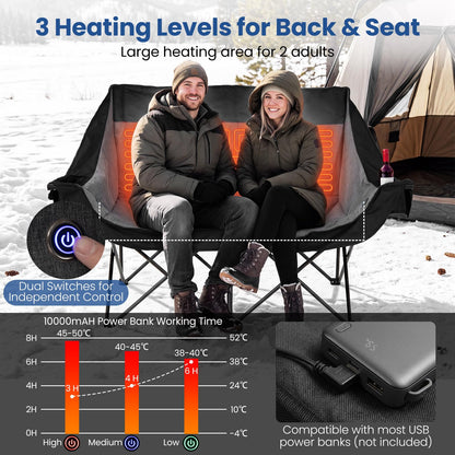 Oversized Heated Double Camping Chair, 3 Heat Levels, 300kg