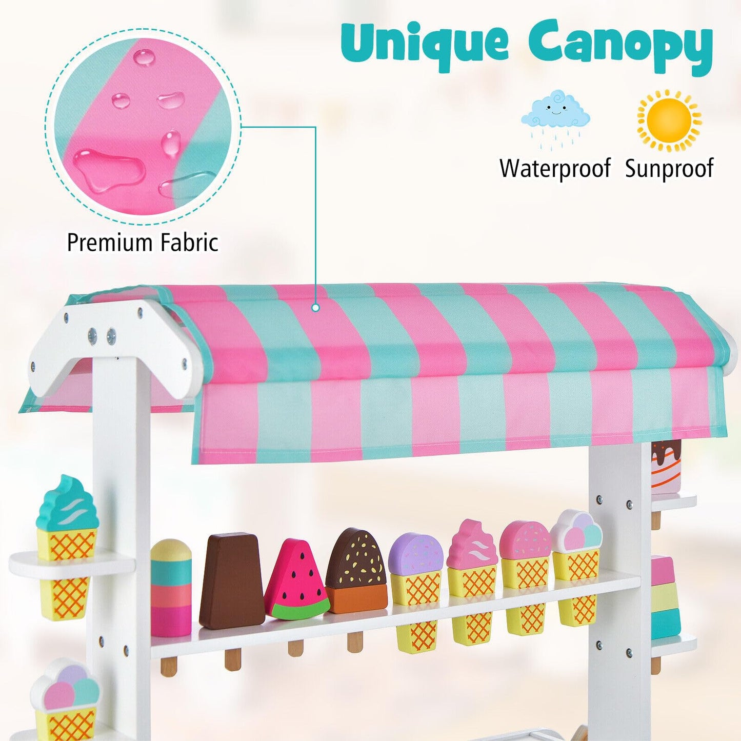 Ice Cream and Food Trunk Toy with 2 Large Wheels for Kids