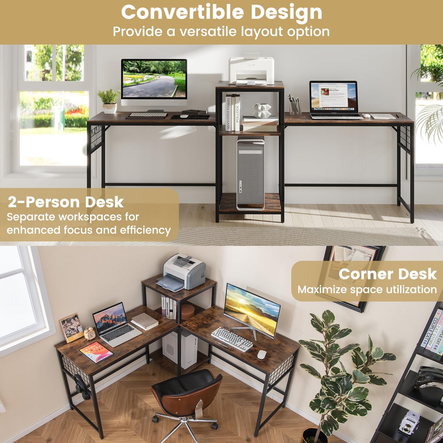 240 cm Long Convertible 2-Person Desk with Printer Stand and Adjustable Shelf