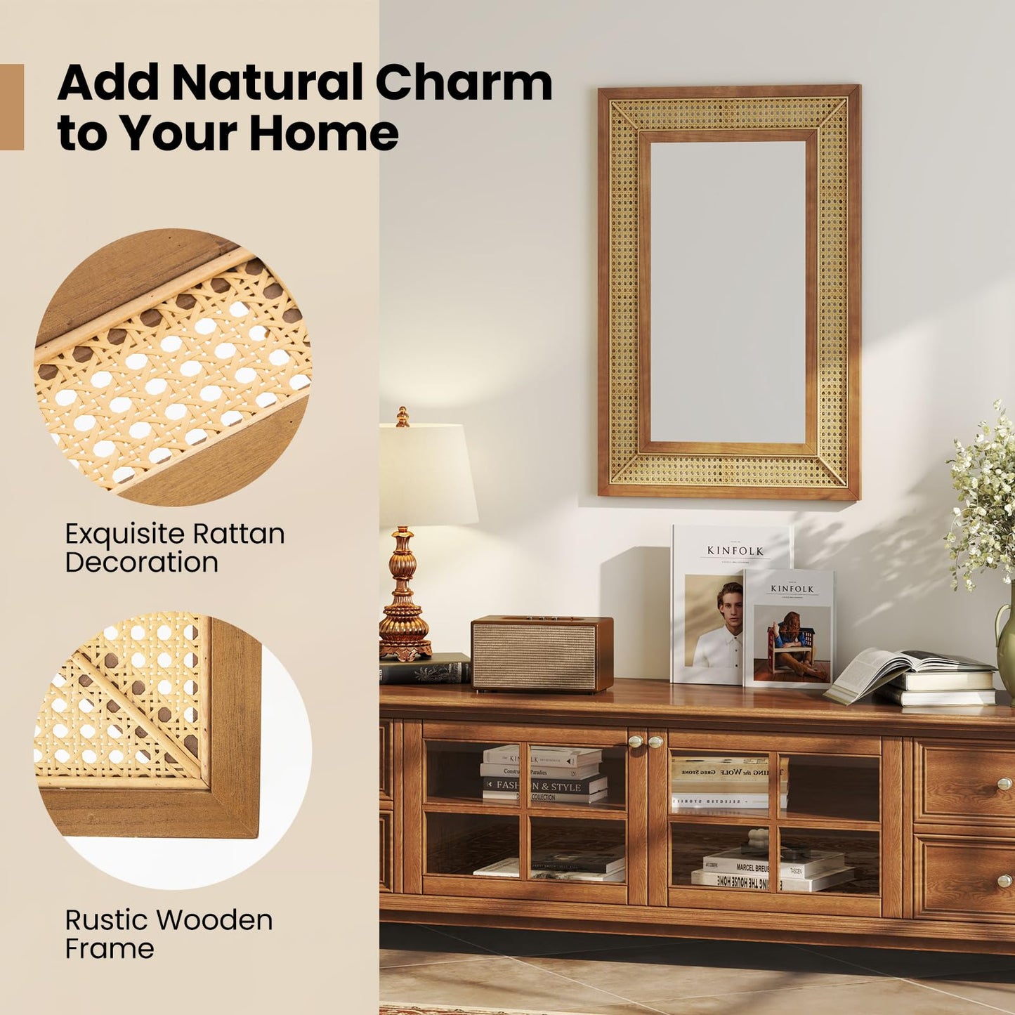 Rattan Decorative Wall Mirror, Large Wooden Frame Hanging Vanity Mirror