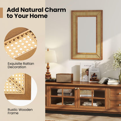 Rattan Decorative Wall Mirror, Large Wooden Frame Hanging Vanity Mirror