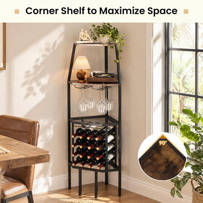 Corner Wine Rack with Glass Holder & Storage Shelves