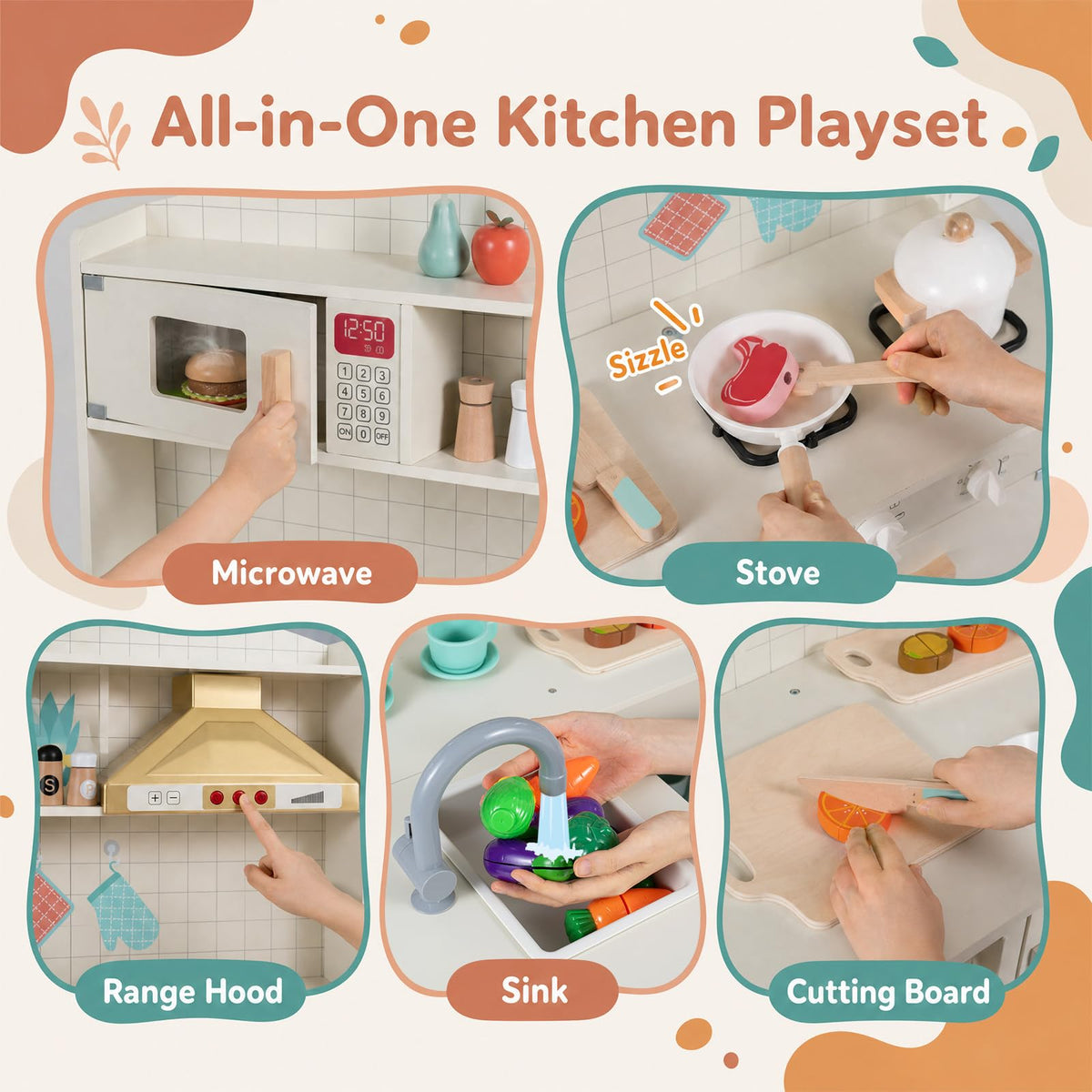 Wooden Play Kitchen with Lights and Sounds for Toddlers Ages 3+