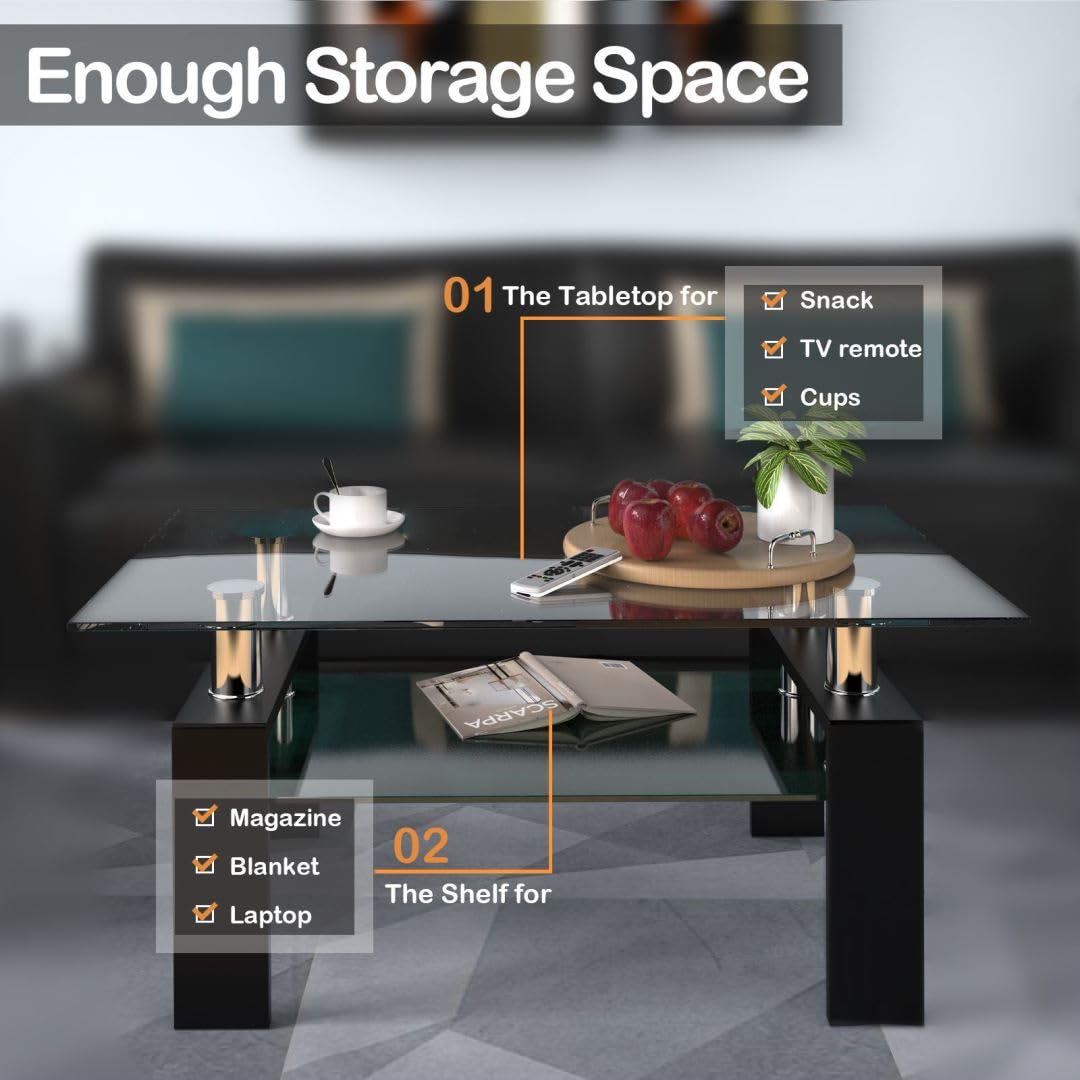 2-Tier Coffee Table, Tempered Glass Rectangle Sofa Side Table