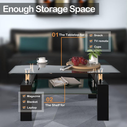 2-Tier Coffee Table, Tempered Glass Rectangle Sofa Side Table