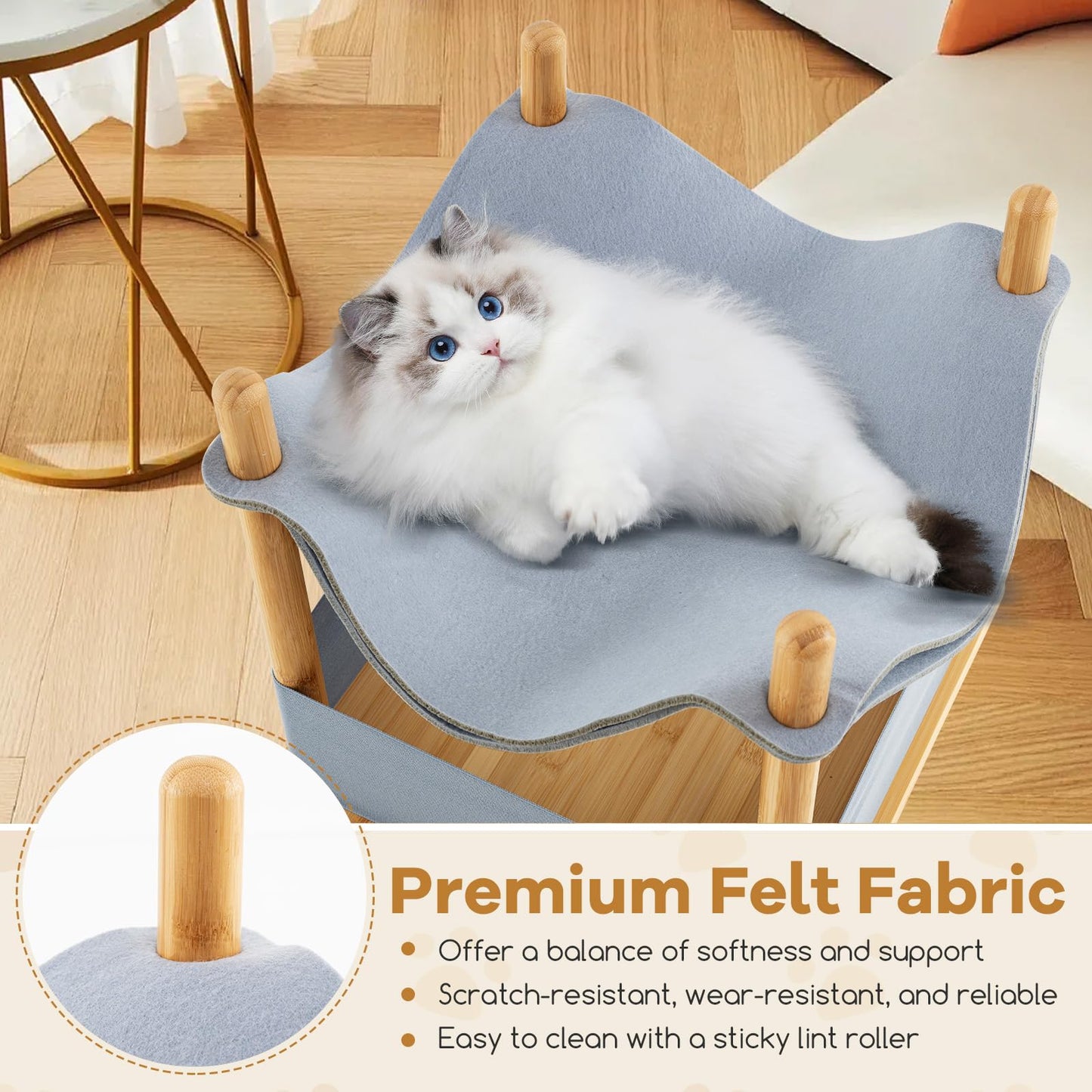 Elevated Cat Bed 2-tier Bamboo Frame Cat House with Dual-Layer Felt Fabric Top