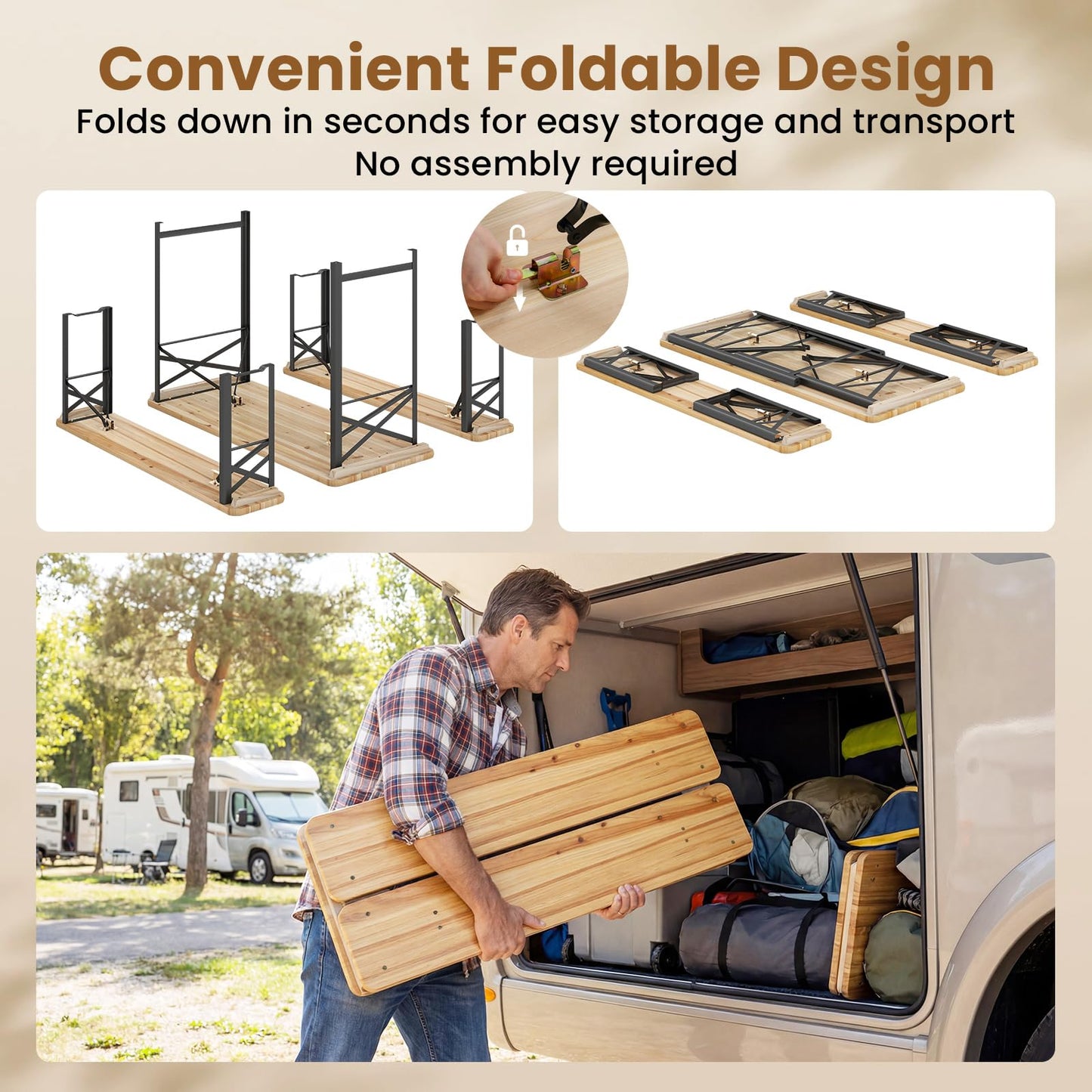 3 Piece Folding Picnic Table and Bench Set, Wooden Portable Camping Trestle Table Chairs