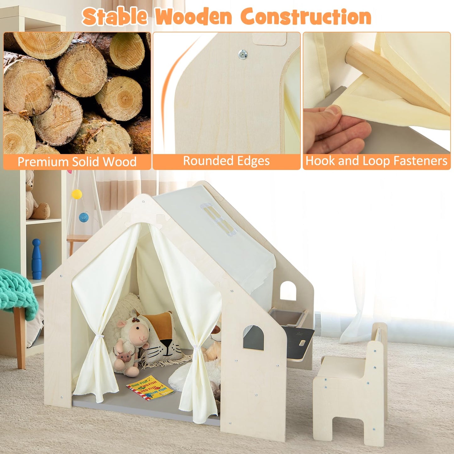 Wooden Playhouse with Floor Mat for 3-6 Years Old
