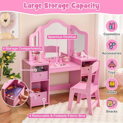 Kids Vanity Set with Tri-Folding Detachable Mirror and 4 Storage Bins