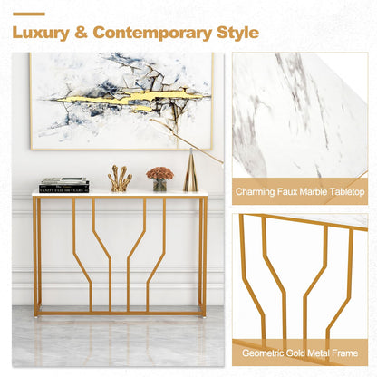 110 cm Gold Console Table Entryway Table with Faux Marble Tabletop
