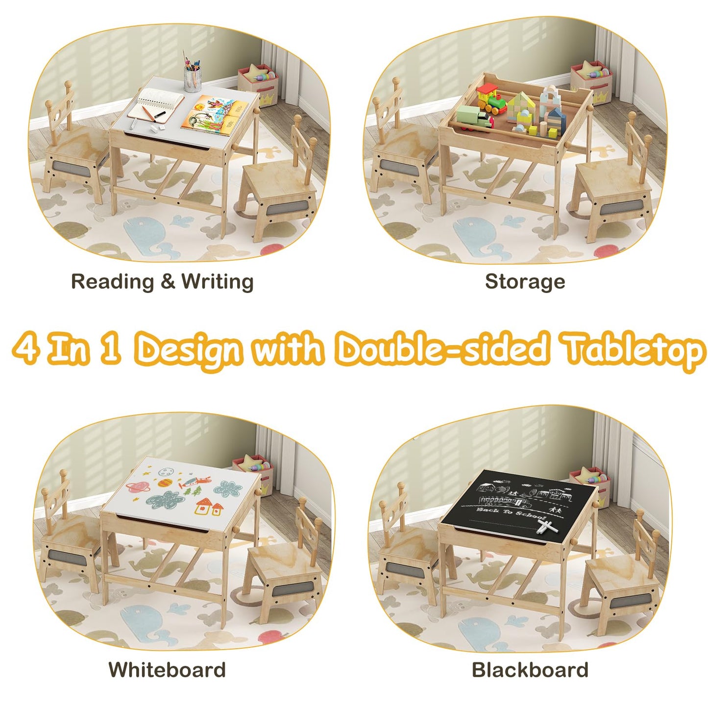 Kids Table and Chairs 4 in 1 Wooden Activity Desk Set (Robot Shape)