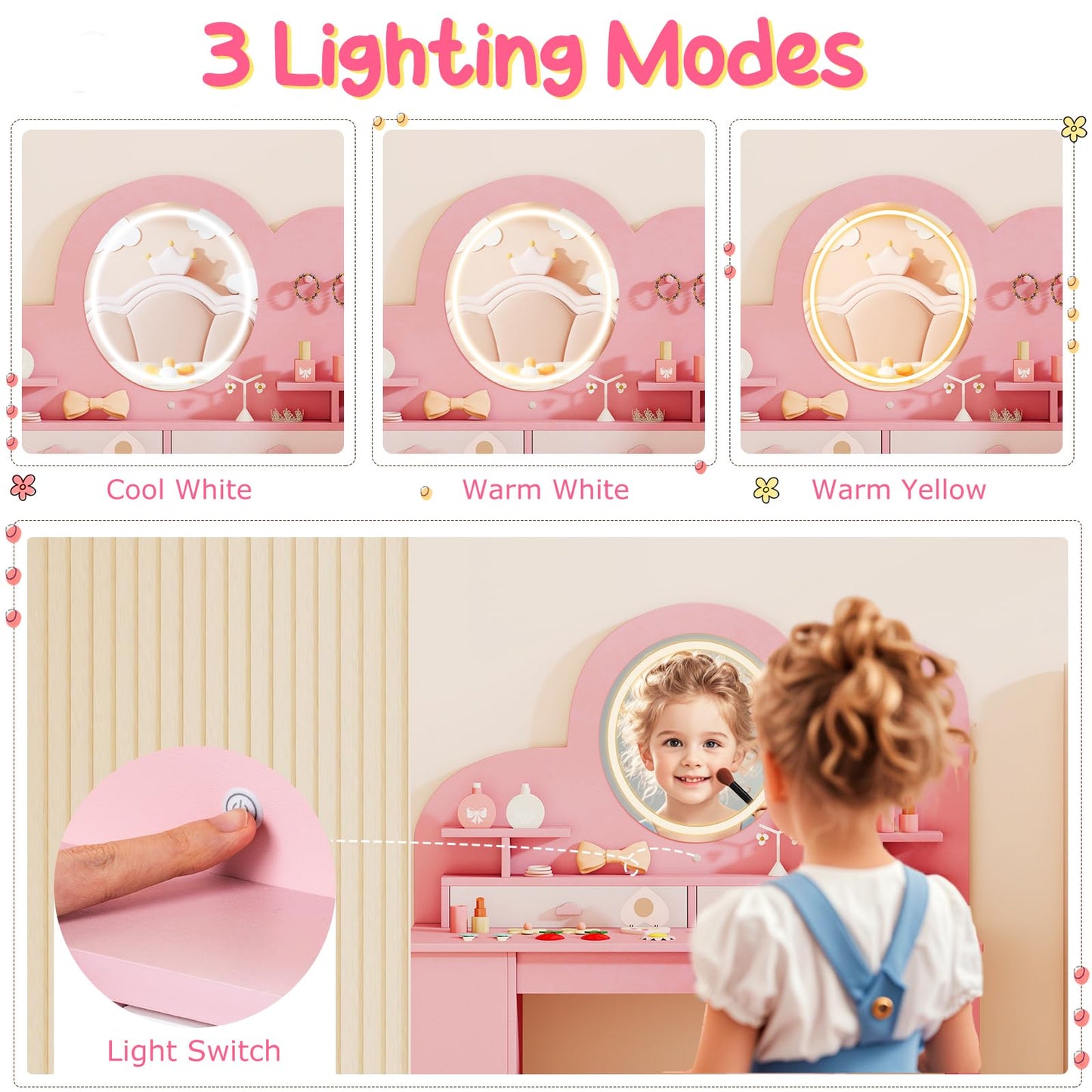 Kids Vanity with Lights Princess Vanity Table and Chair Set with 2 Drawers