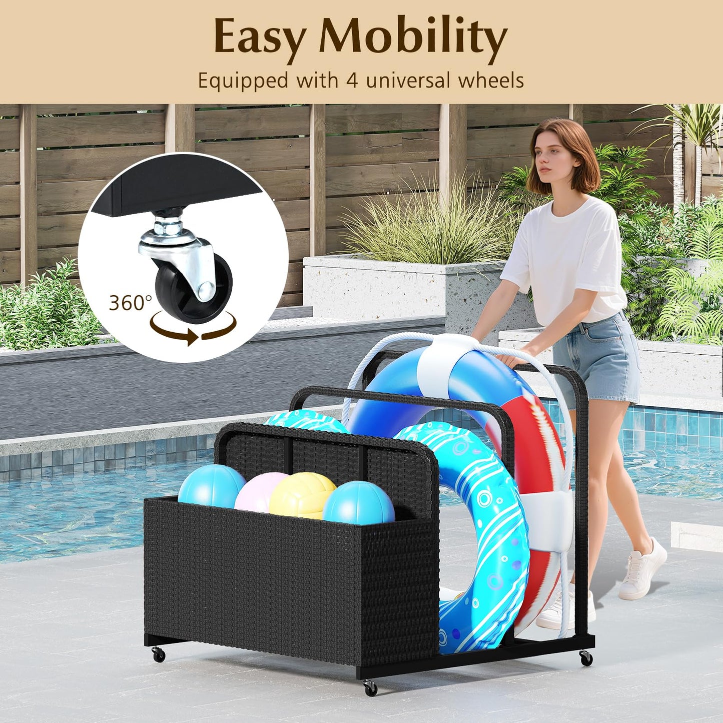 Rolling Poolside Float Storage with 2 Towel Rack and Wheels
