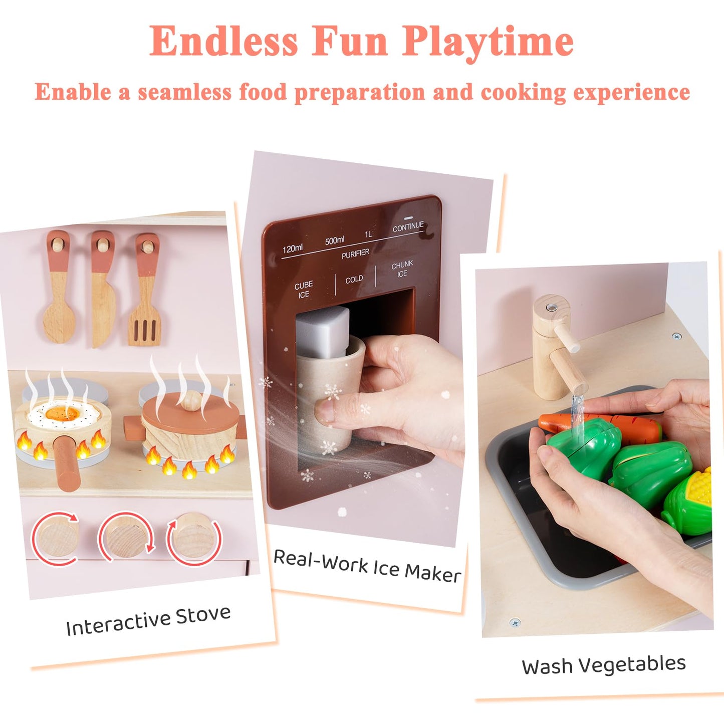Play Kitchen for Kids with Realistic Ice Maker and Stove Cooking Toy Kitchen