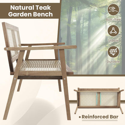 Outdoor Teak Wood Garden Bench with Armrests Rattan Backrest and Seat
