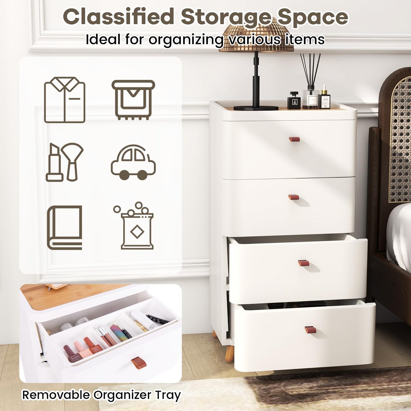 4-Drawer Dresser with Removable Organizer Tray and Solid Wood Legs