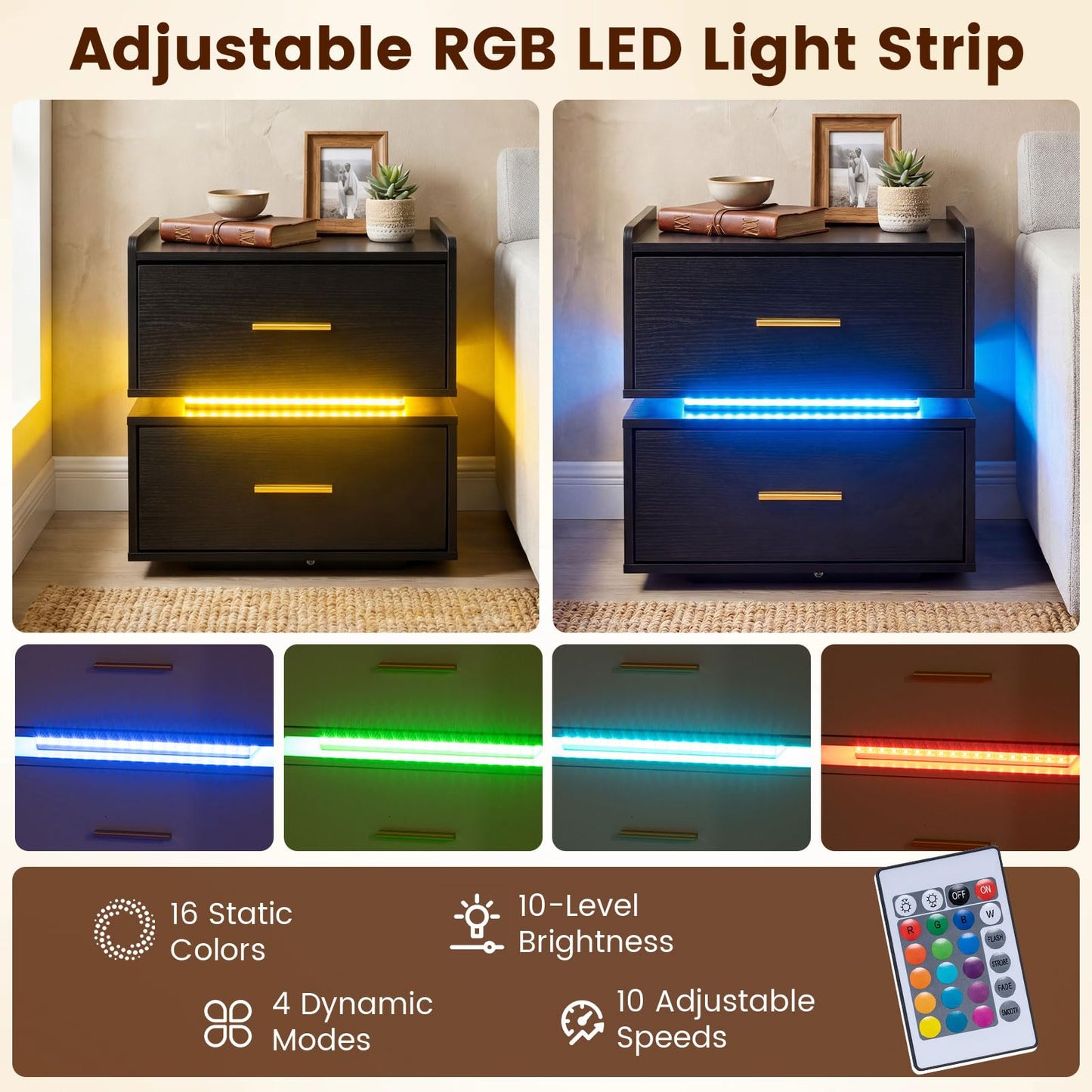 Nightstand with Charging Station and 2 Storage Drawers