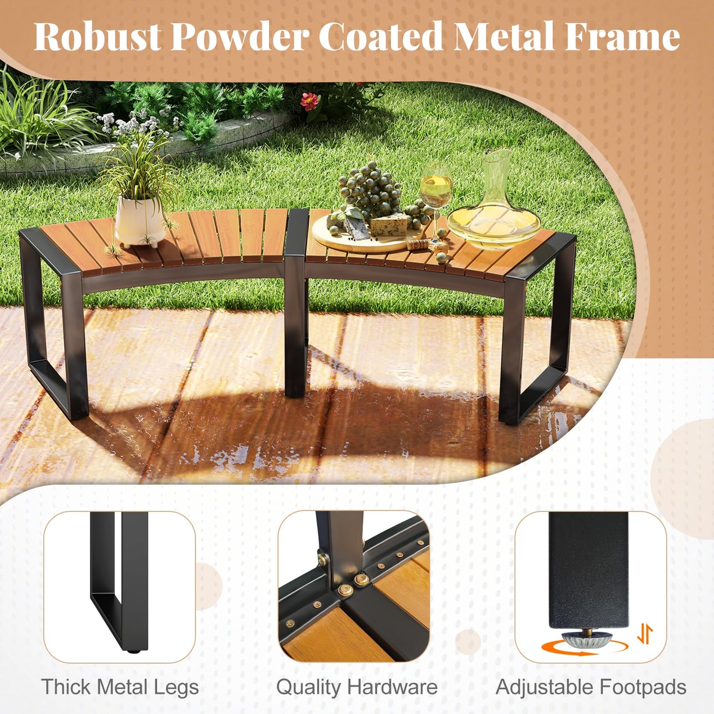 Acacia Wood Fire Pit Bench with Slatted Seat Metal Legs