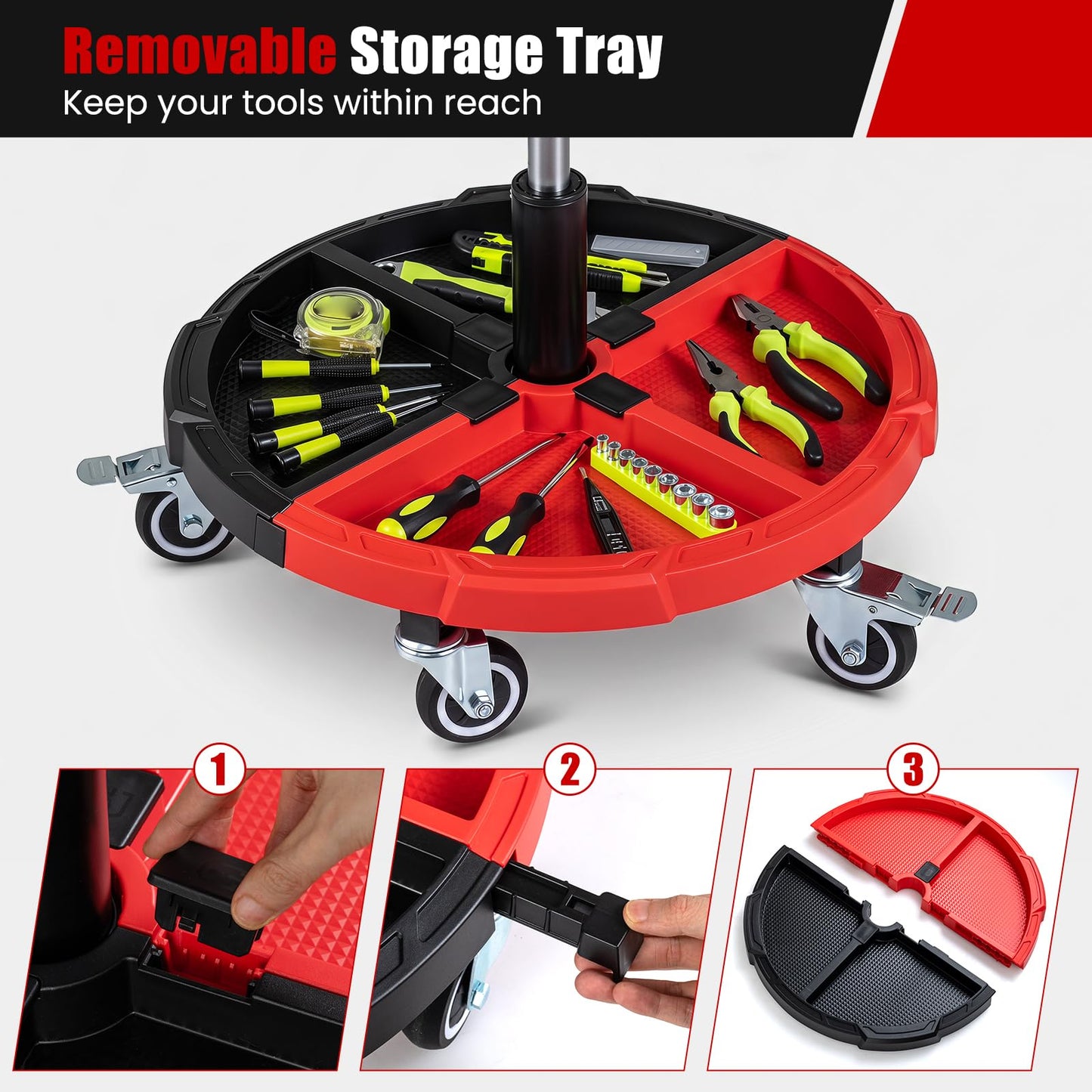 150 KG Max Weight Capacity 360° Rolling Mechanic Stool with Tool Storage Tray Backrest
