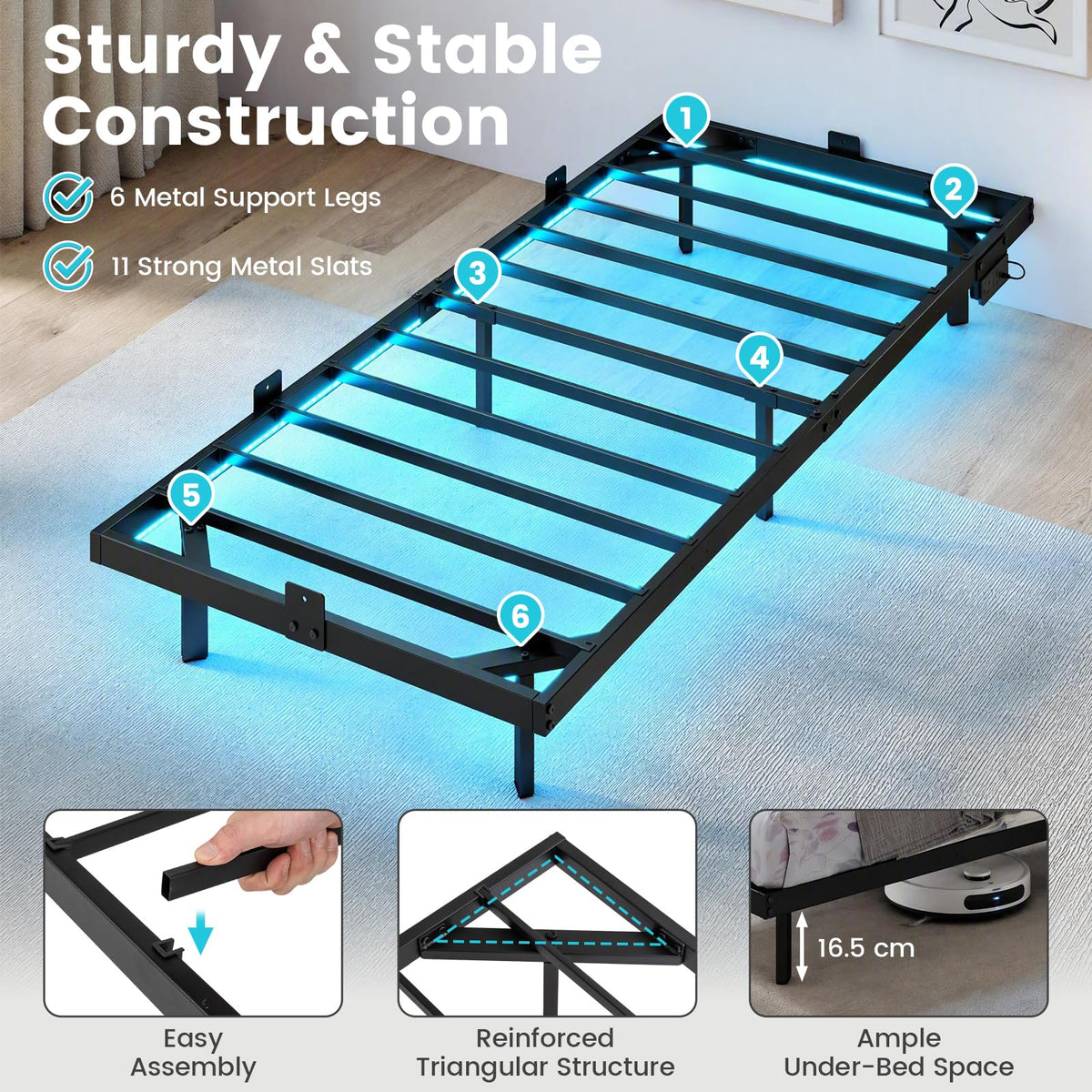 Floating Bed Frame with LED Lights and Charging Station Mattress Slide Stopper