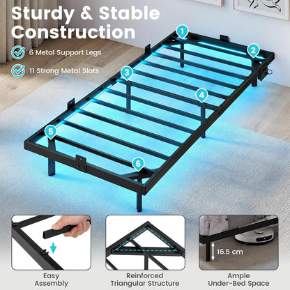 Floating Bed Frame with LED Lights and Charging Station Mattress Slide Stopper