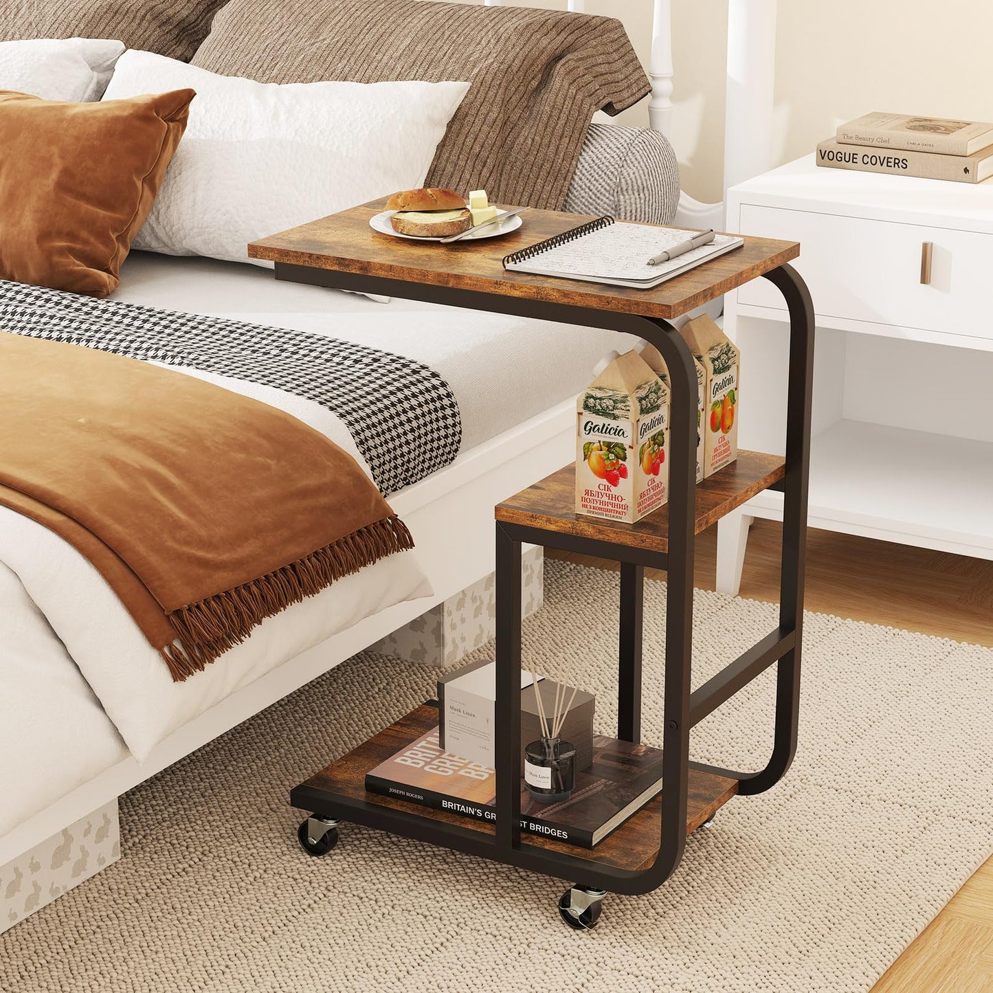 C shaped End Table Space-saving Couch Table with Shelves
