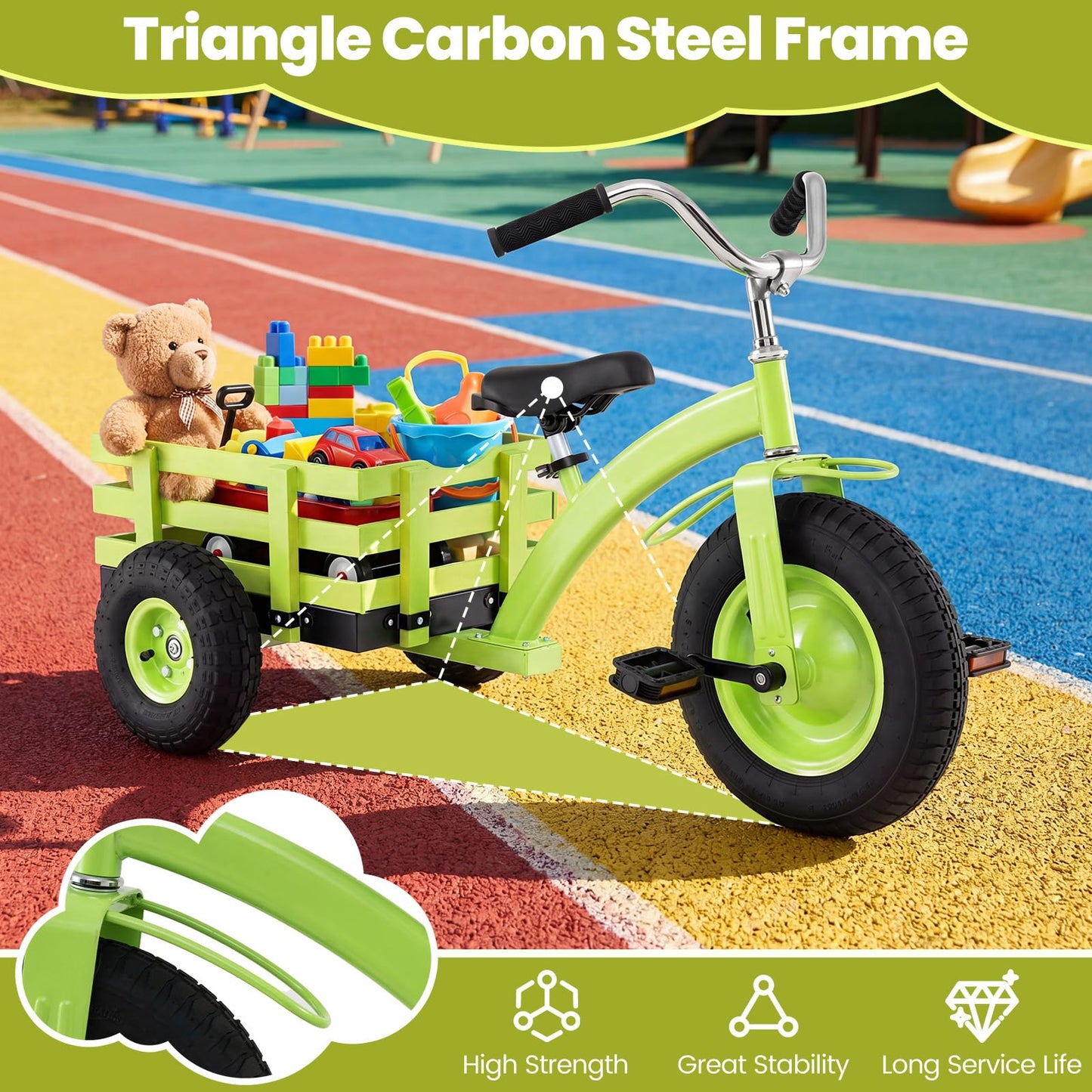 Kids Tricycle ( 121 x 57 x 68-77cm, with Storage Basket) | Carbon Steel Toddler Trike with Inflatable Rubber Tires