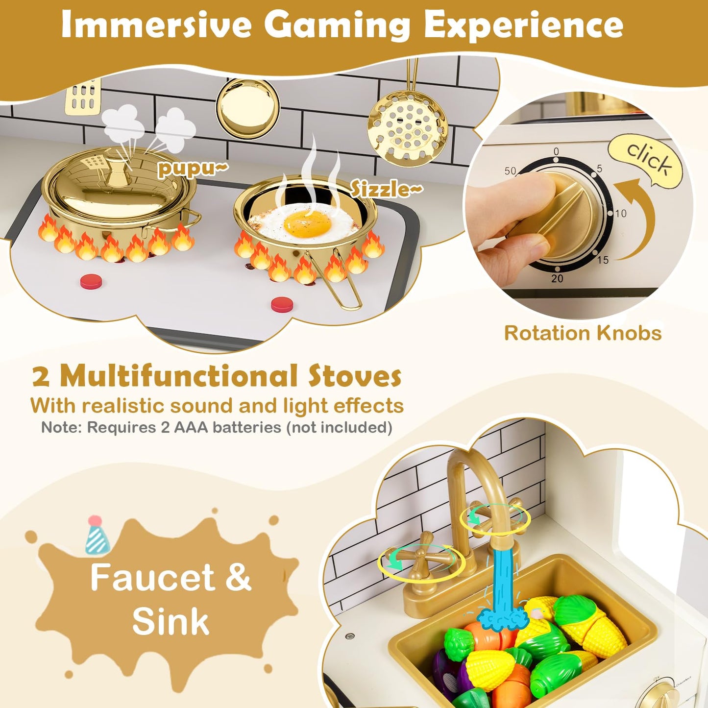 Kids Play Kitchen, Wooden Pretend Toy Kitchen with Realistic Lights