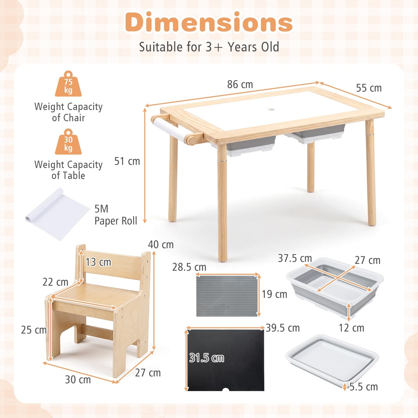 Sensory Table Set 3-Piece Kids Activity Table and Chair Set with Adjustable Height