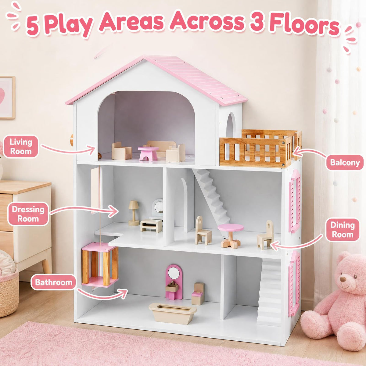 3-Story Wooden Dollhouse Playset with 5 Rooms and Furniture Accessories