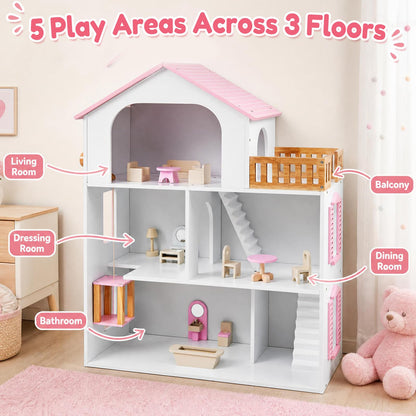 3-Story Wooden Dollhouse Playset with 5 Rooms and Furniture Accessories