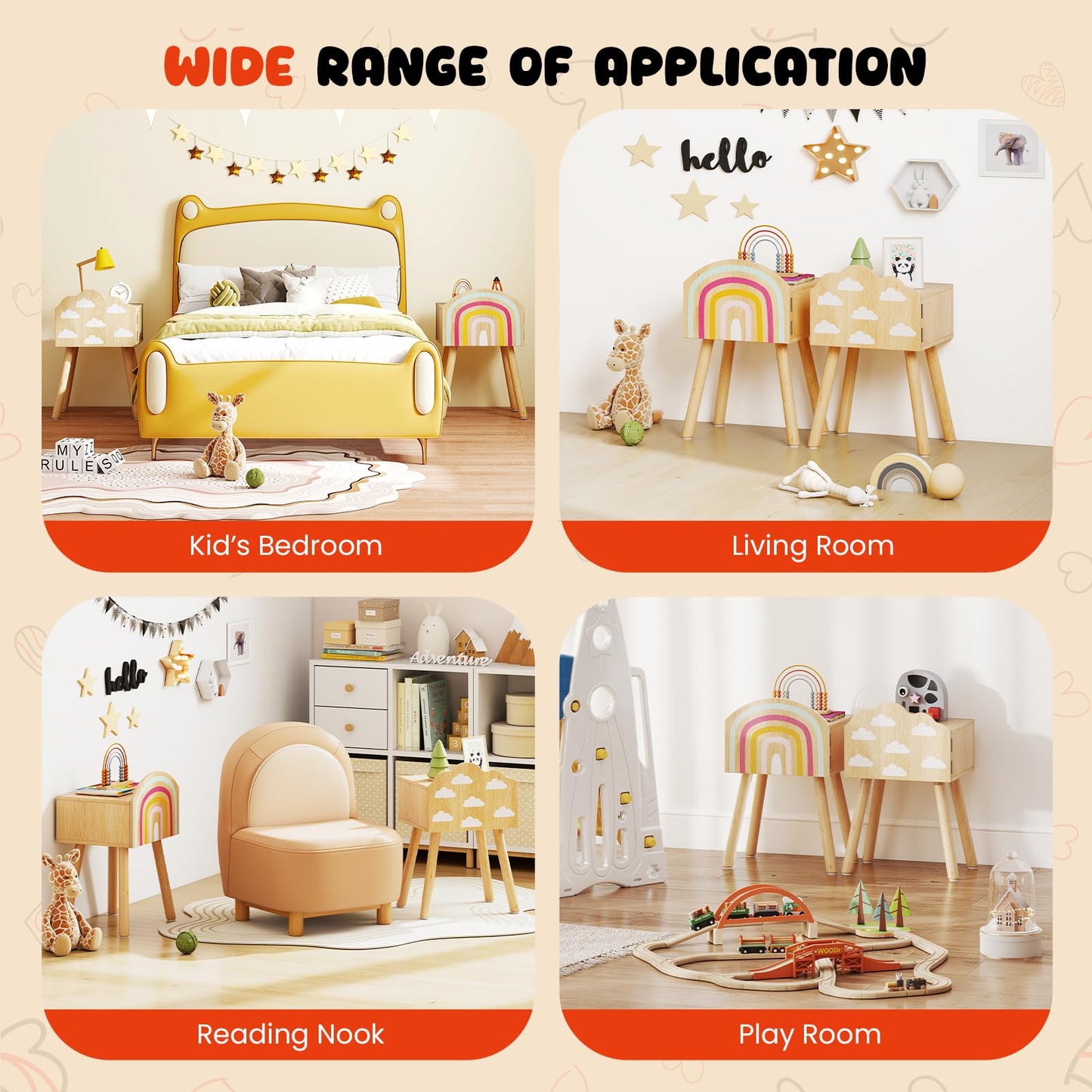 Kids Nightstand Set of 2 with Rainbow and Cloud Patterns