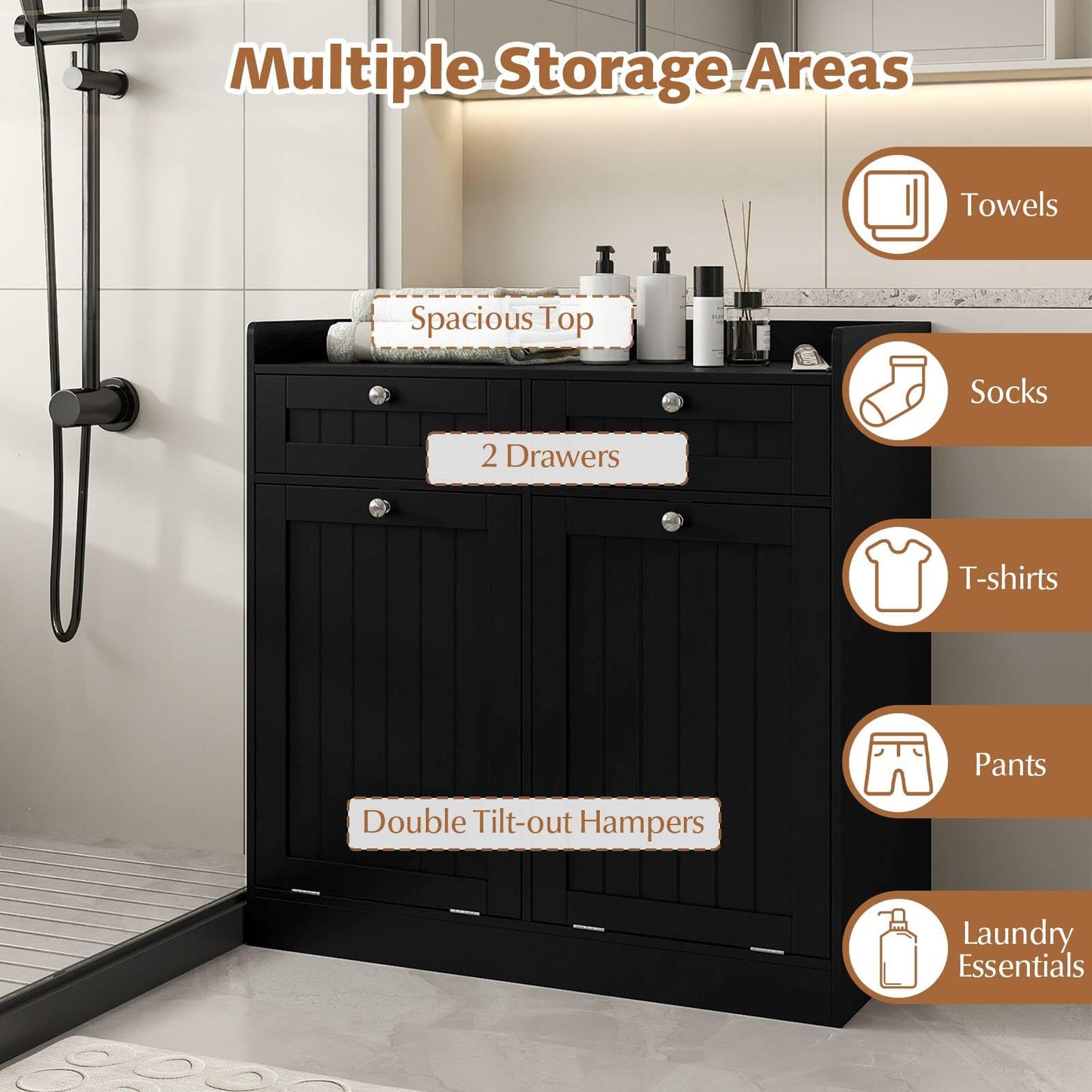 Double Tilt-Out Laundry Hamper Cabinet with Removable Baskets