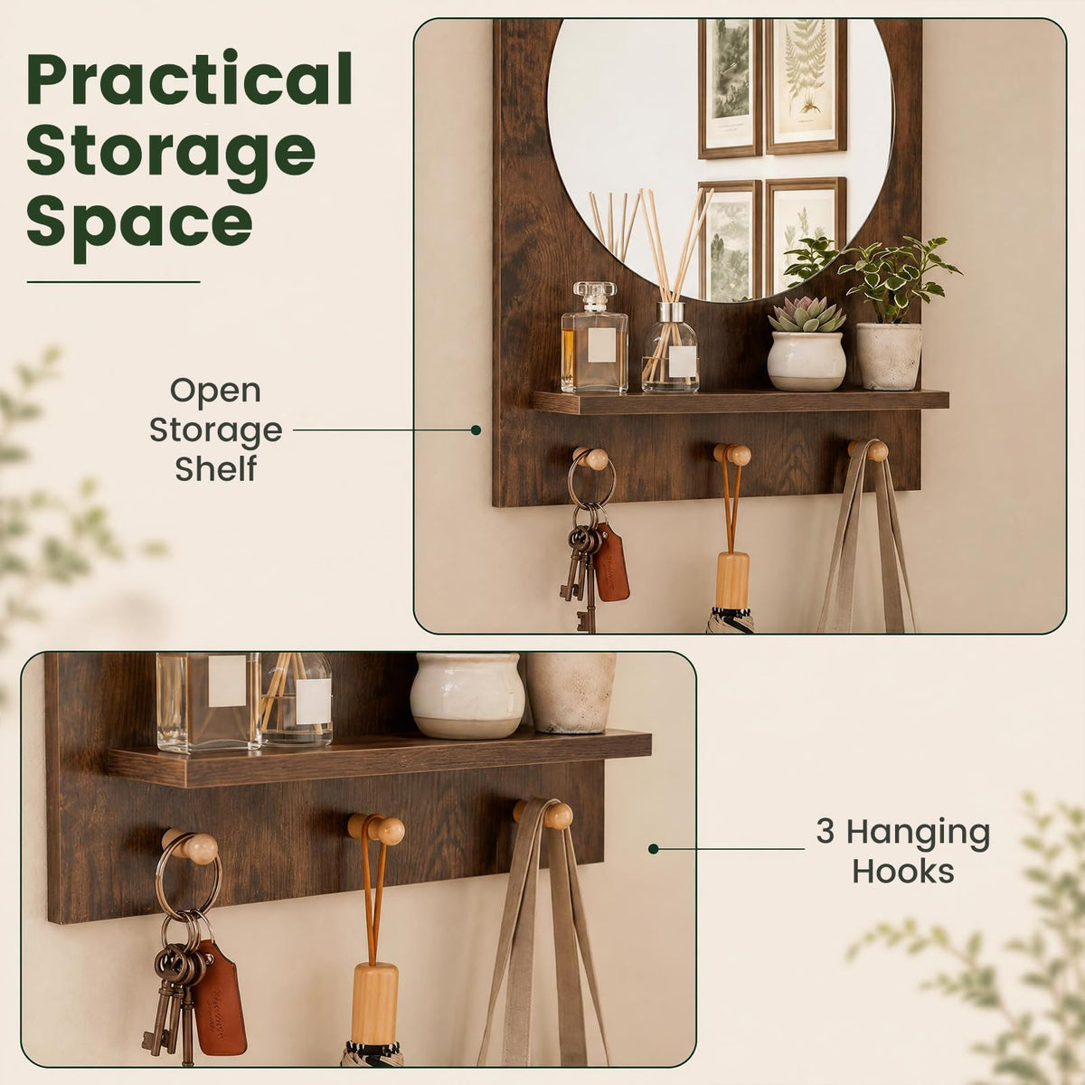 Wall Mirror with Storage Shelf, 3 Hanging Hooks