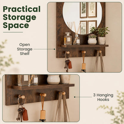 Wall Mirror with Storage Shelf, 3 Hanging Hooks