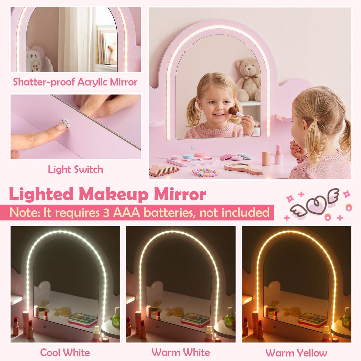 Kids Vanity with Lights and Storage Drawer with Chair for Ages 3+