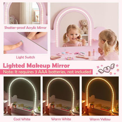 Kids Vanity with Lights and Storage Drawer with Chair for Ages 3+