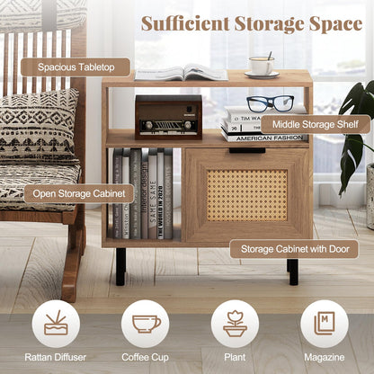 Boho Rattan Side End Table with Open Storage Shelf and Cabinet