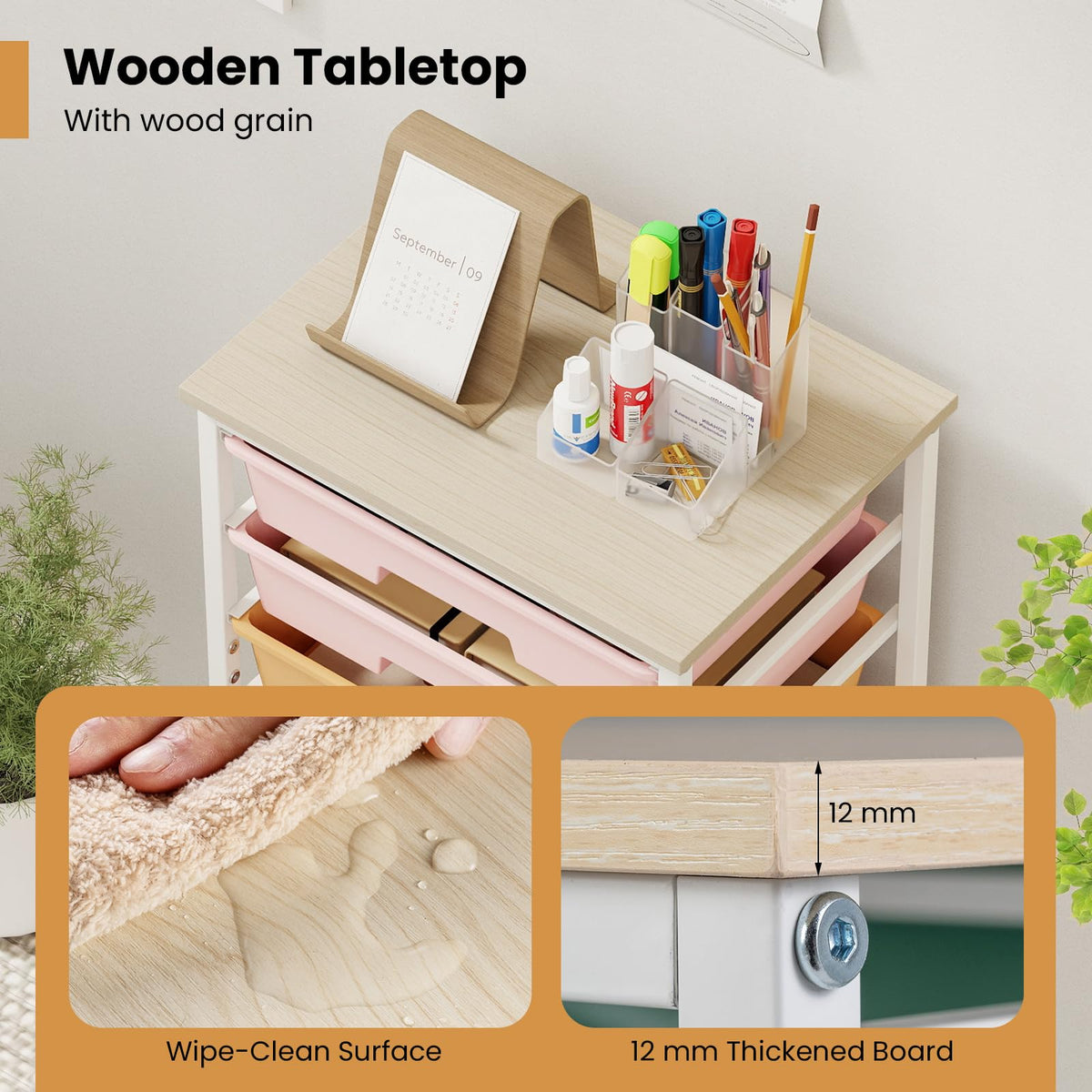8 Drawers Storage Trolley, Rolling Utility Cart with Wooden Top