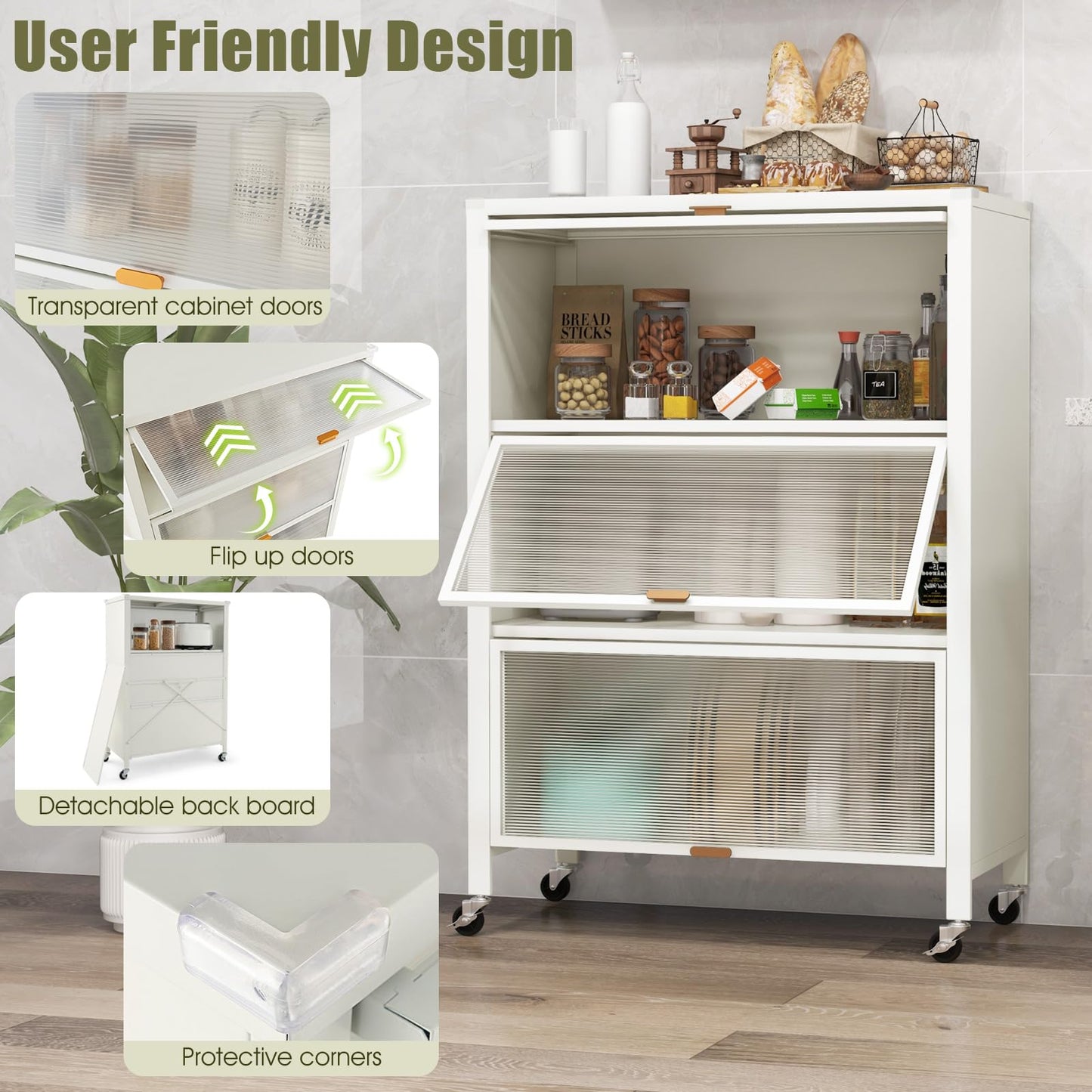 4-Tier Kitchen Bakers Rack with Flip Doors on Lockable Universal Wheels