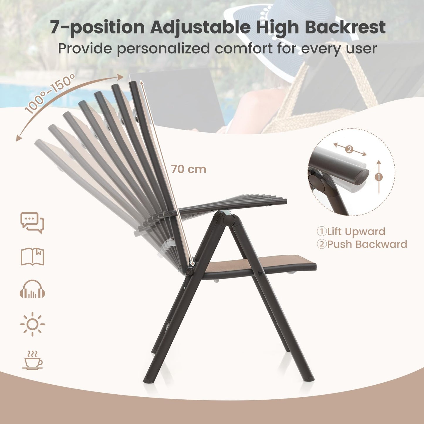 Patio Folding Dining Chairs Outdoor Sling Chairs with 7-Level Adjustable High Backrest