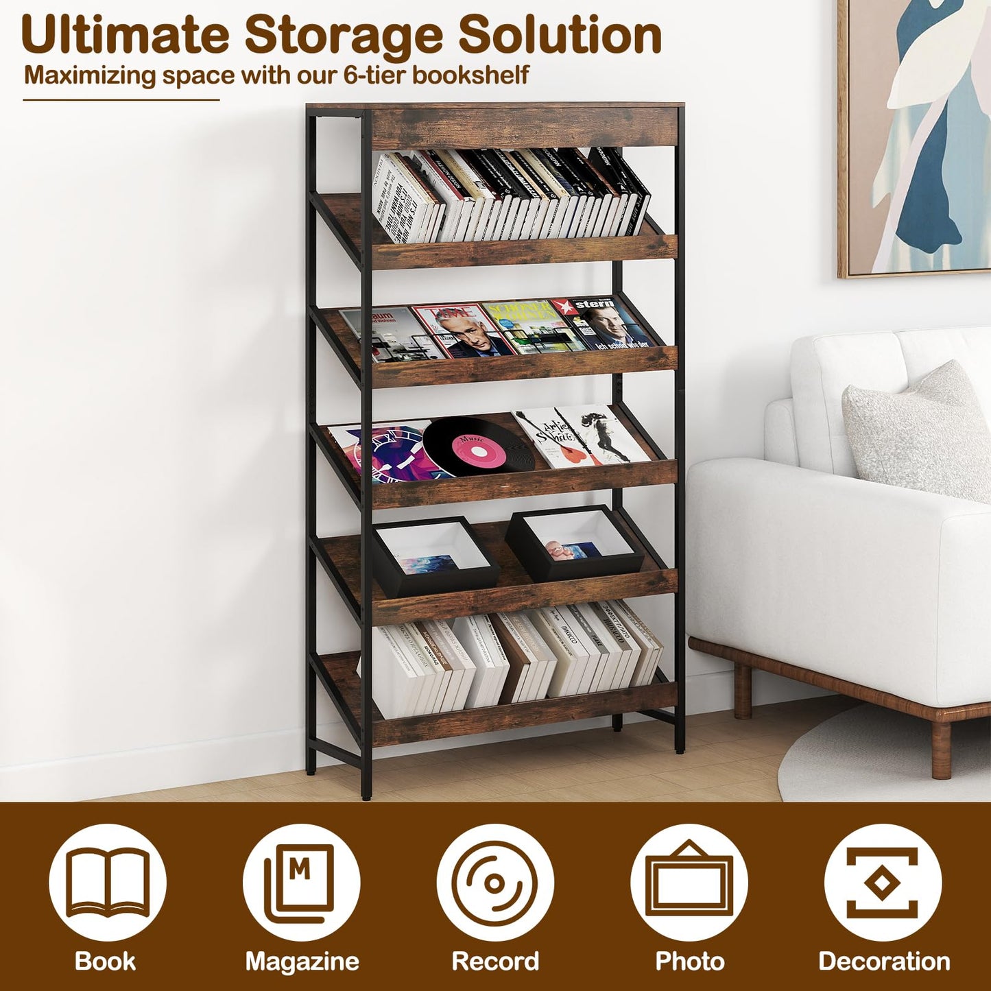 6 Tier Bookshelf, 161 cm Tall Freestanding Slant Display Shelf