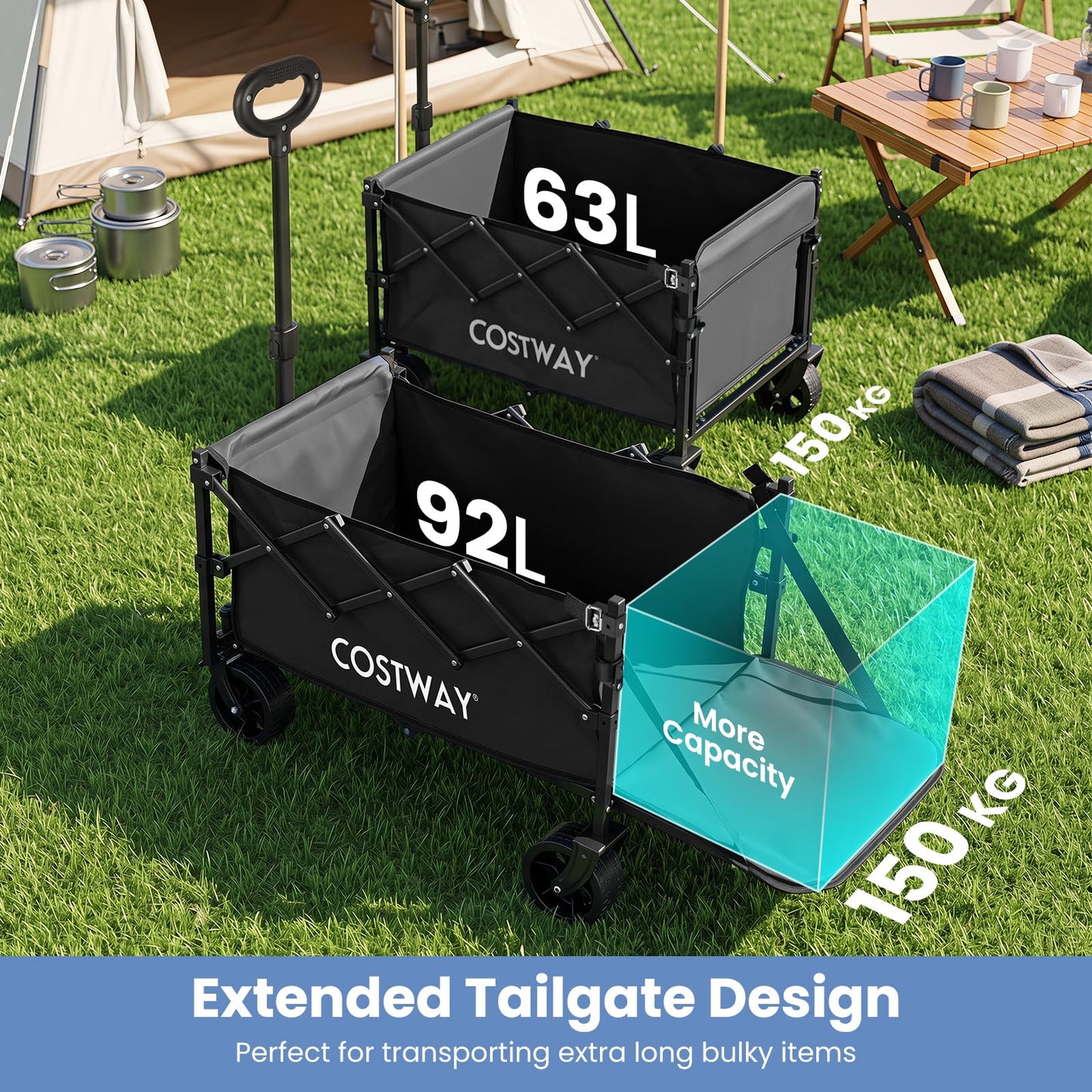 63-92L Folding Trolley Cart, 150kg Load, Adjustable Handle