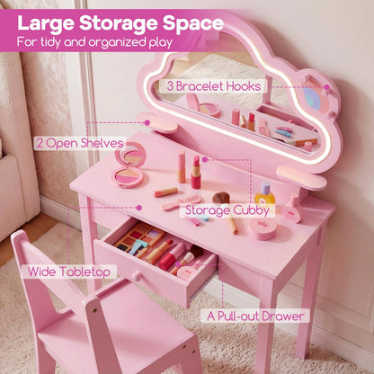 Kids Vanity Table and Chair Set, Children Dressing Table