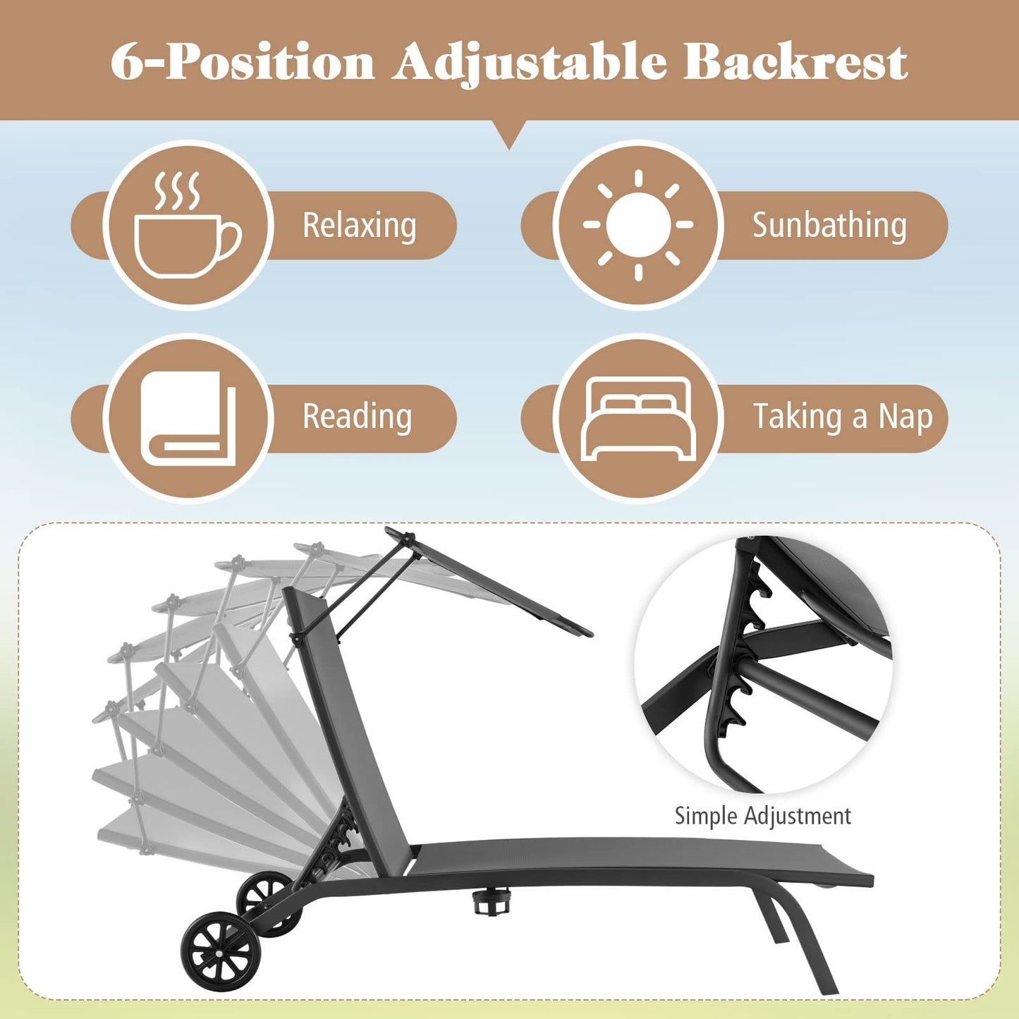 Adjustable Chaise Lounge Deck Sunbed with Rotatable Canopy and Cup Holder