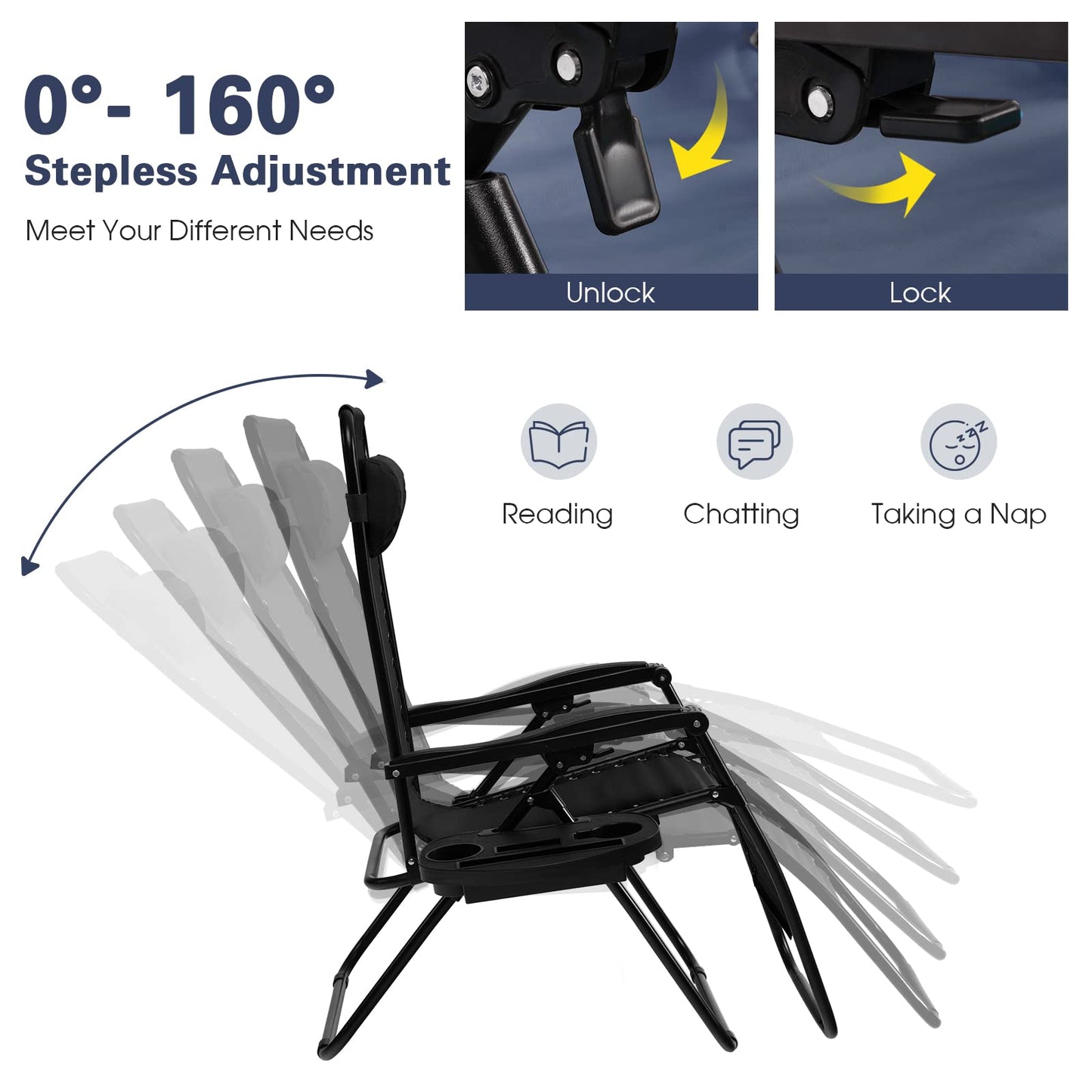Folding Zero Gravity Chair Patio Sun Lounger with Removable Pillow