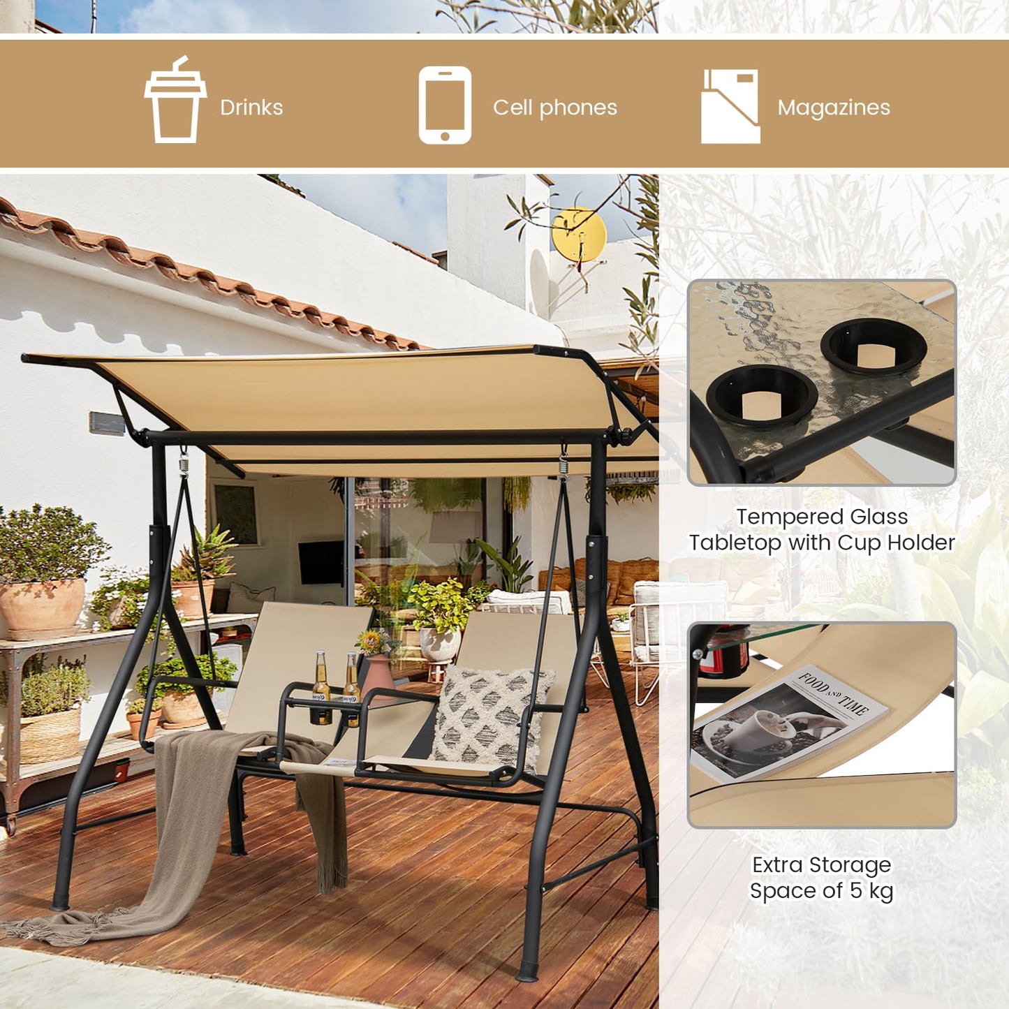Outdoor Hammock Bench Chair with Adjustable Canopy and Tempered Glass Table
