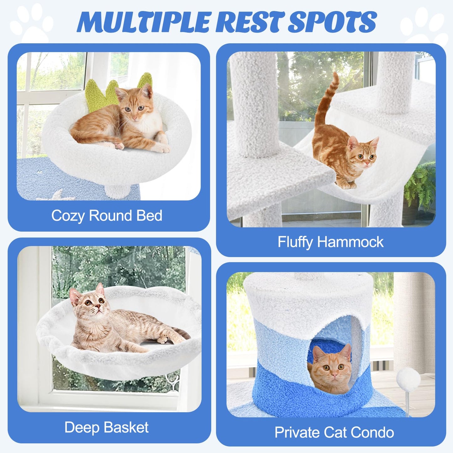 Ocean-themed Cat Tree Tower with Sisal Covered Scratching Posts